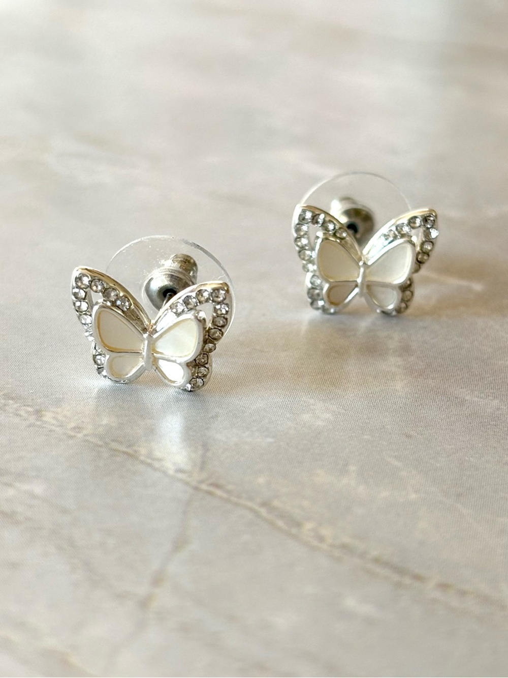 Silver Butterfly Stud Earrings with White Enamel and Crystals